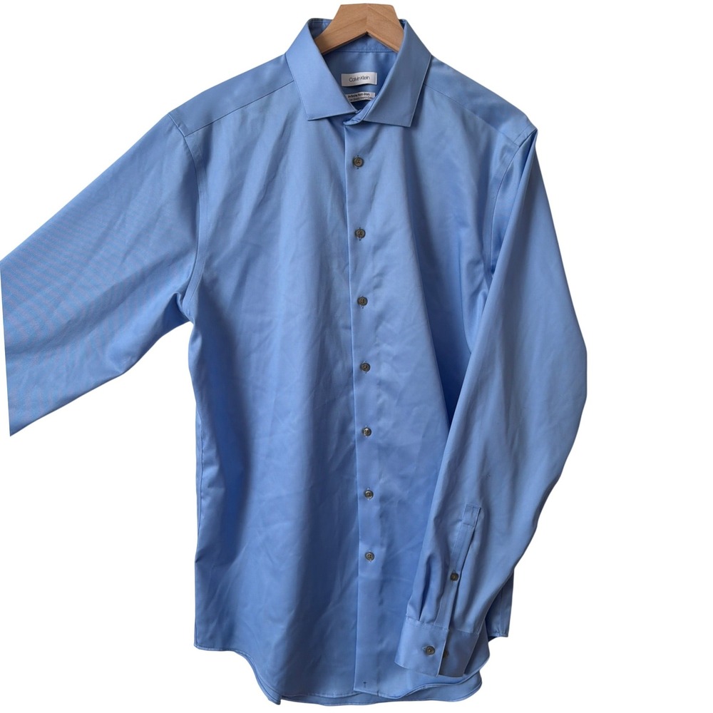Calvin Klein Infinite Non-Iron Dress Shirt Men 16.5 36/37 Slim Tall Stretch Blue